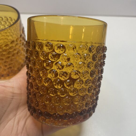 A Pair Hobbs Brockunier? Dew Drop Tumblers France Glass Hobnail 3.25”H Amber - Picture 6 of 12
